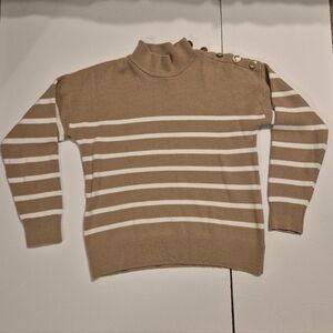 Nicole MIiller Camel And White Striped Button Shoulder Sweater